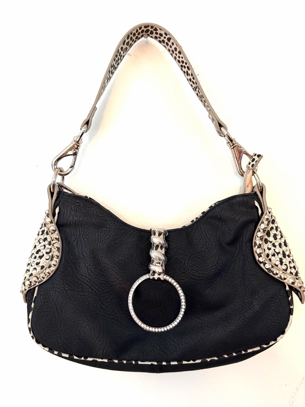 Vintage Hobo Purse Shoulder Bag Silver Studs Bling Snake Cheetah Black White Y2K